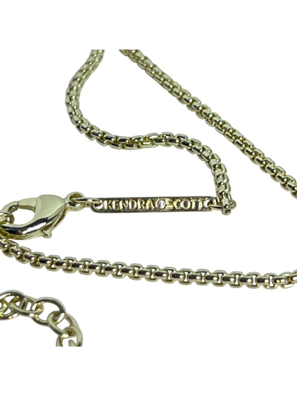Kendra Scott Gold Tone Curved Box Chain Necklace W/ Green Tassel Pendant (6382) - Picture 6 of 6